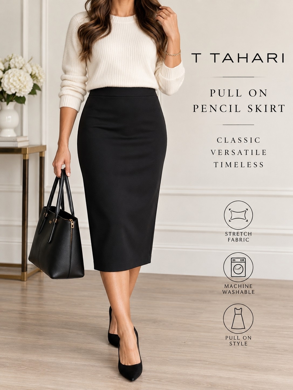 Tahari Black Stretch Pull On Midi Pencil Skirt M NWT